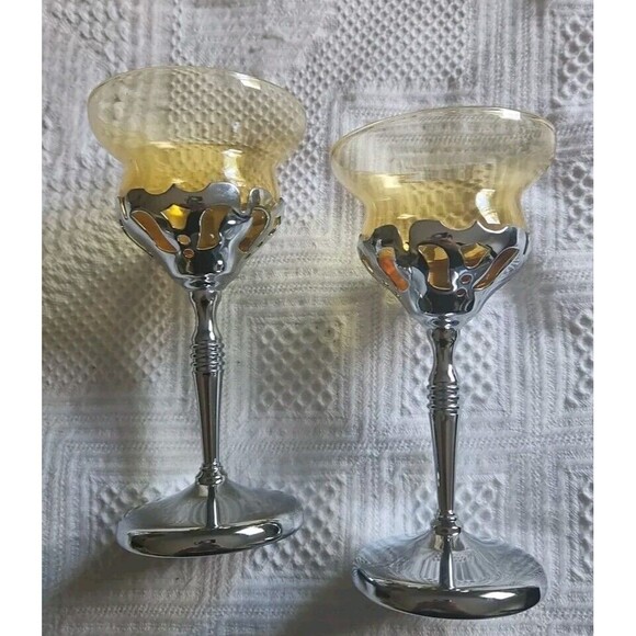 (2)1940s Art Deco Farber Bros Krome Kraft Amber Cambridge Glass Cordials